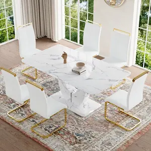 MUUOKY 7/5-piece 63" Marble Dining Room Table Sets, Modern Kitchen Dinner Table and Chairs with 1.8in Thick Top and Leather Upholstered Chairs, Ideal for Dining Room and Kitchen-weekly picks