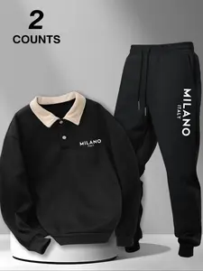 Men's Polo Collar Sweatshirt Set, Autumn Winter Letter Print Fleece Pullover + Drawstring Casual Sport Pants, 2 Pieces Pack