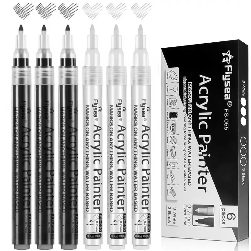 Black White Gold SilveryAcrylic Paint Pens, Art Markers Pen, Acrylic Drawing Markers, Acrylic Paint Markers 0.7 mm Extra Fine, 3 mm Medium Tip, Waterproof Paint Pens for Rock Painting Ceramic Glass Canvas Mug Metal Wood DIY Supplies, Art Markers Set