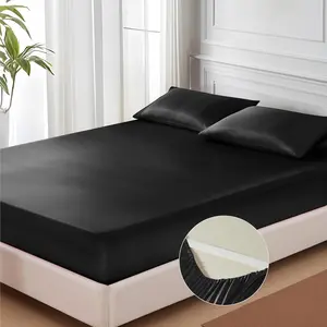 Satin Sheet Queen Size, Silky Bottom Sheet with Elastic Corner Straps, Deep Pocket up to 15 Inch, No More Slipping Off for Mattress - 1 Sheet Only (Black)