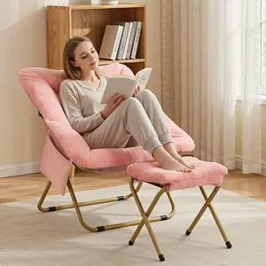Arlopu Comfy Saucer Chair, Foldable Lounge Lazy Chair with Ottoman, Soft Faux Fur Reading Chair for Teens Adults, Folding Lazy Chair/Moon Chair for Living Room, Bedroom, Dorms, X-Large