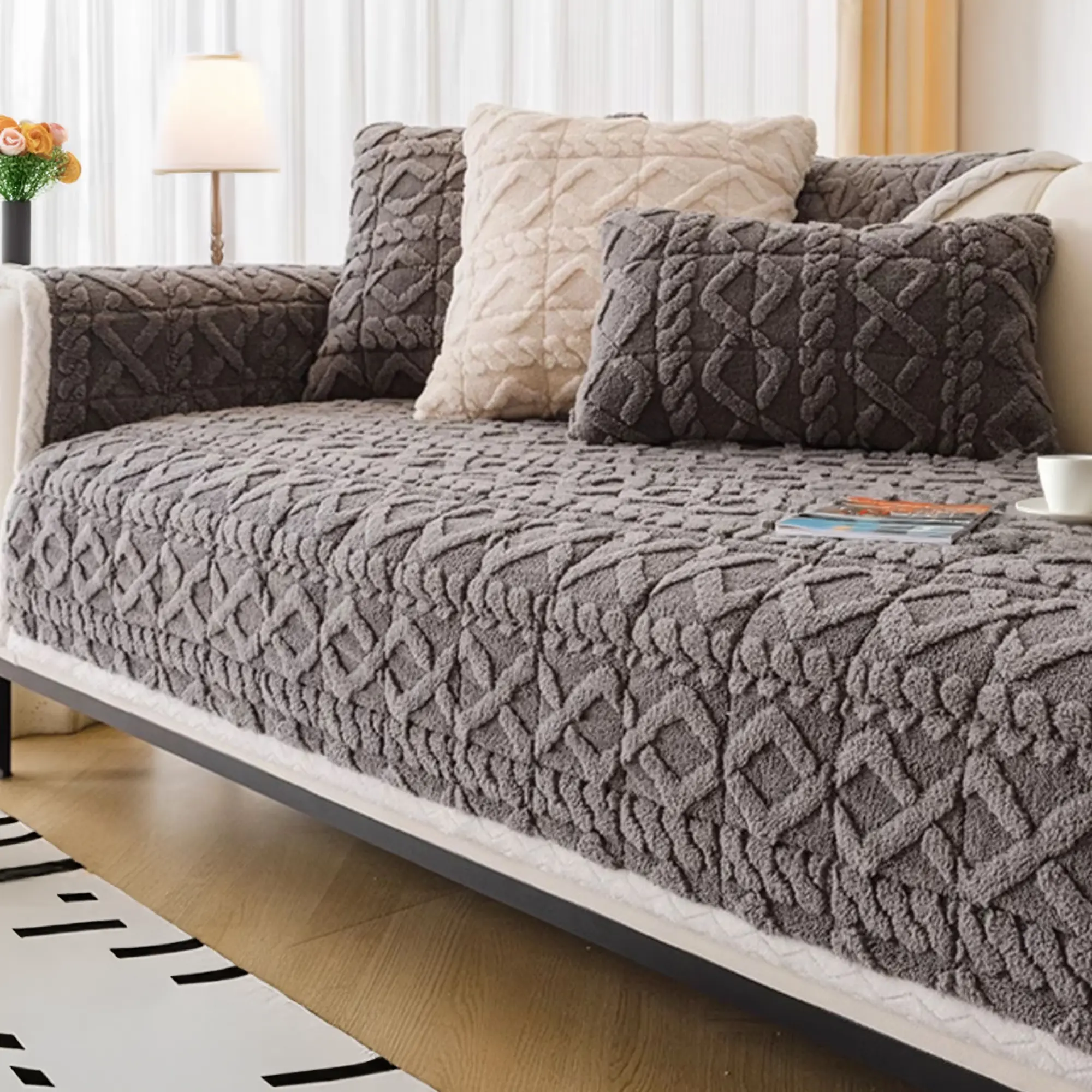 Raybee 3-4 Seater Ultra-soft Couch Cover 1 Count Slipcover for Dustproof & Stain Resistant, Pet Friendly Anti-Scratch Sofa Protector Cover for Pet Hair & Paws, Machine Washable with Anti-Slid Backing for Living Room, Dormitory, Apartment, Beige, Gray