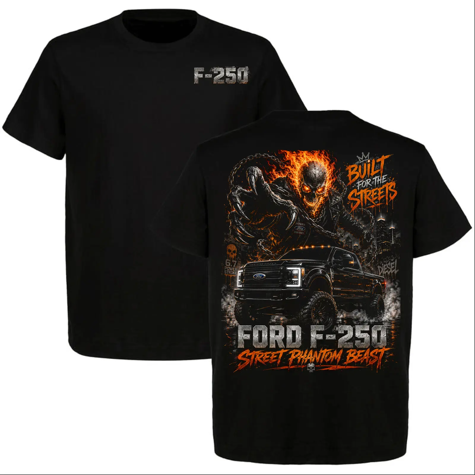 Ford F-250 Super Duty Power Stroke Diesel Flaming Skull Truck Graphic T-Shirt, Street Phantom Beast Tee, Front and Back Print, Diesel Truck Lover Gift