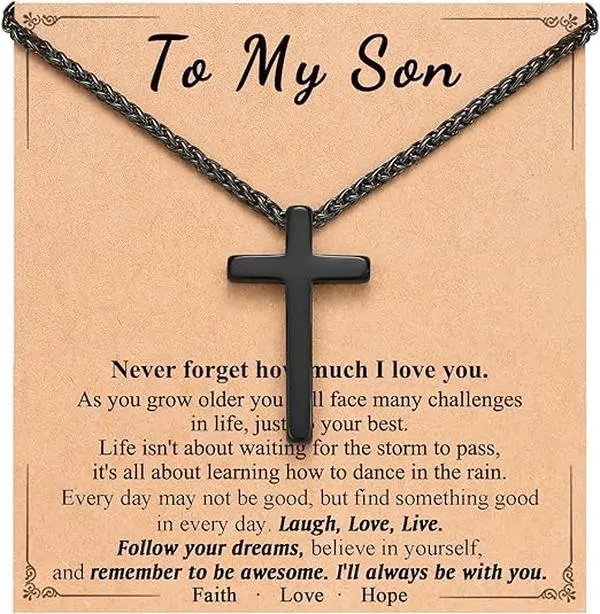 Classic Black Engraved Faith-Based Jewelry for Boys, Lightweight Cross Pendant Necklace with Scripture for Strength and Deep Spiritual Meaning, Christian, Faith-Based Fashion, Baptism Gift Ideas, Chains Necklace, 24-Inch Chain, Engraved Verse