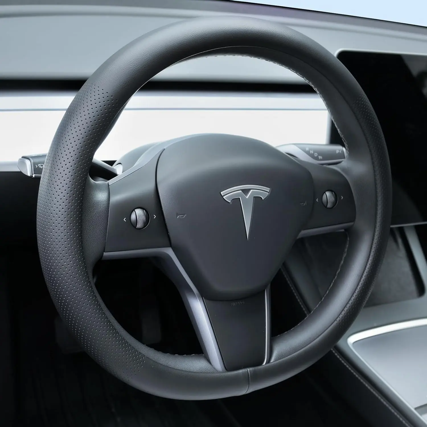 Nappa Leather Steering Wheel Cover for Tesla Model 3/Y 2016-2025 2026 Juniper/Highland, Non-Slip Breathable Tesla Model 3/Y Steering Wheel Protector, Black