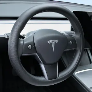 Nappa Leather Steering Wheel Cover for Tesla Model 3/Y 2016-2025 2026 Juniper/Highland, Non-Slip Breathable Tesla Model 3/Y Steering Wheel Protector, Black