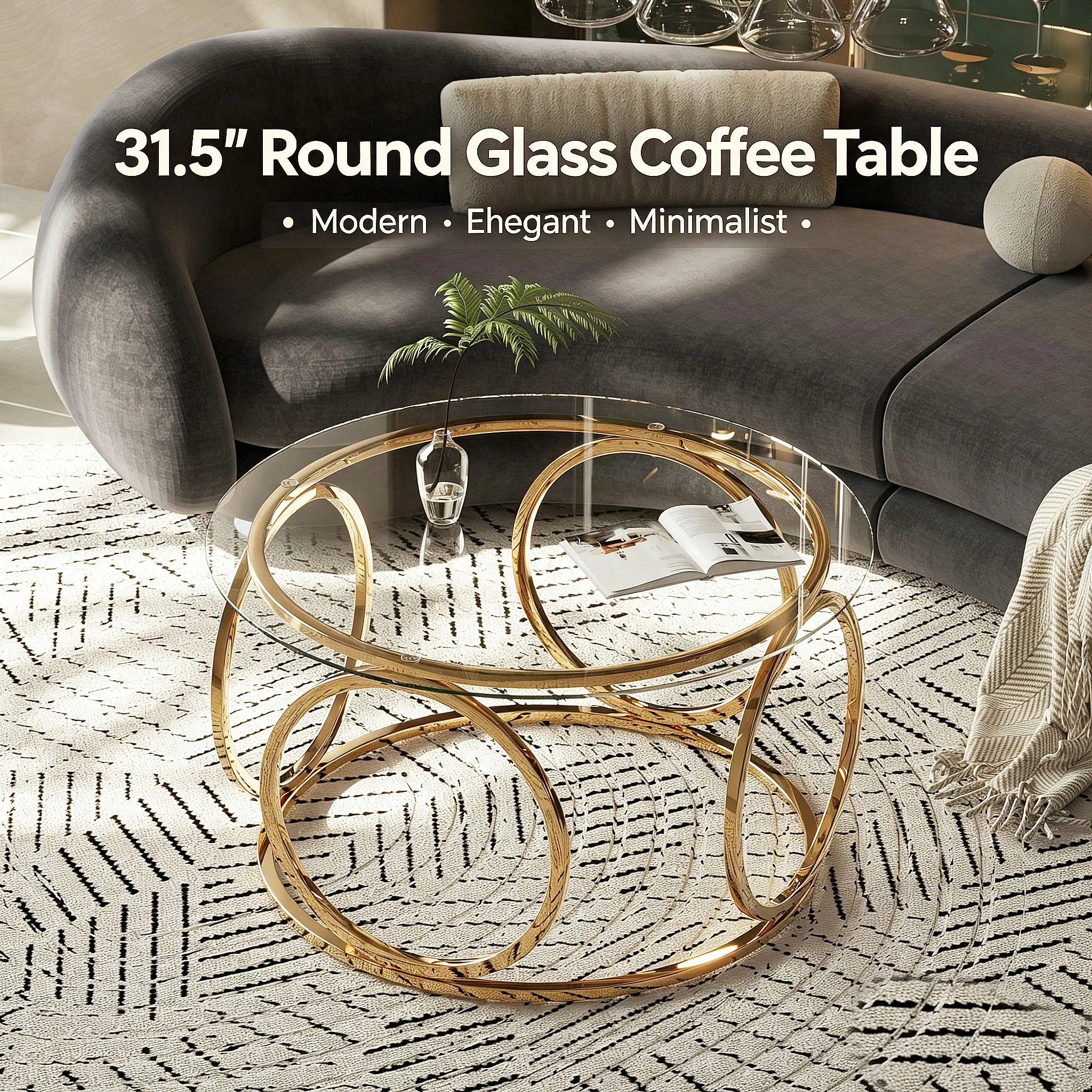 31.5" Round Glass Coffee Table Gold Frame, Tempered Glass Top Modern Accent for Small Spaces, Living Room, Coffee Corner, Breakfast Nook - Clear/Gold geometric  circle golden metal leg luxurious
