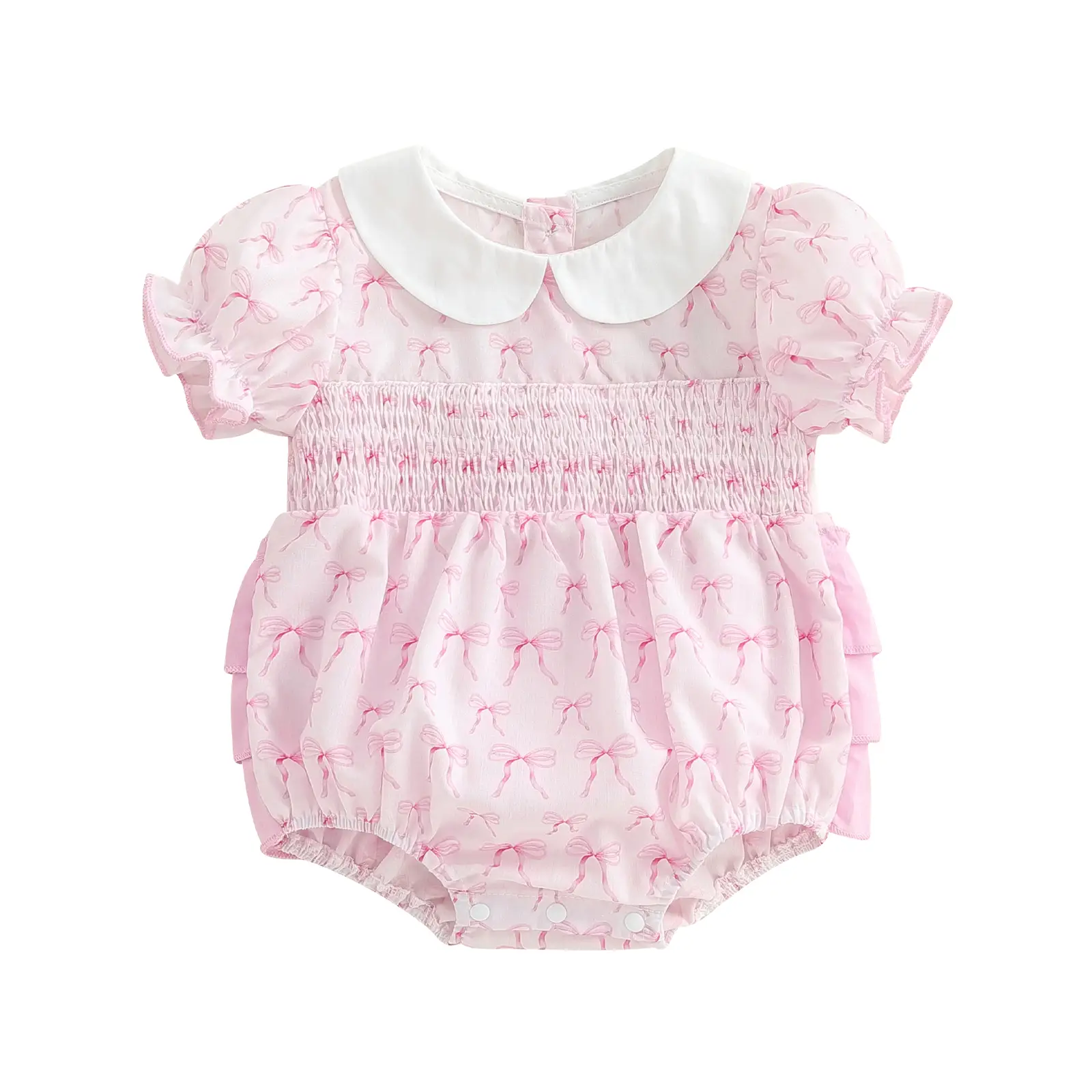 Newborn Baby Girl Sweat Romper Infant Short Sleeve Doll Collar Bow Print Smocked Onesie Bodysuit Spring Warm Outfits #Springtok