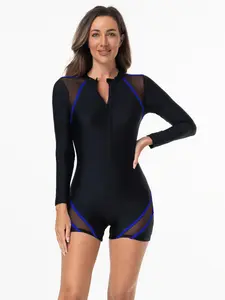 Tiktok Trendy Mesh Long Sleeve One-Piece Swimsuit, Front Zipper Waist Cinch, Quick-Dry Conservative Swimwear, Surf/beach All-Season