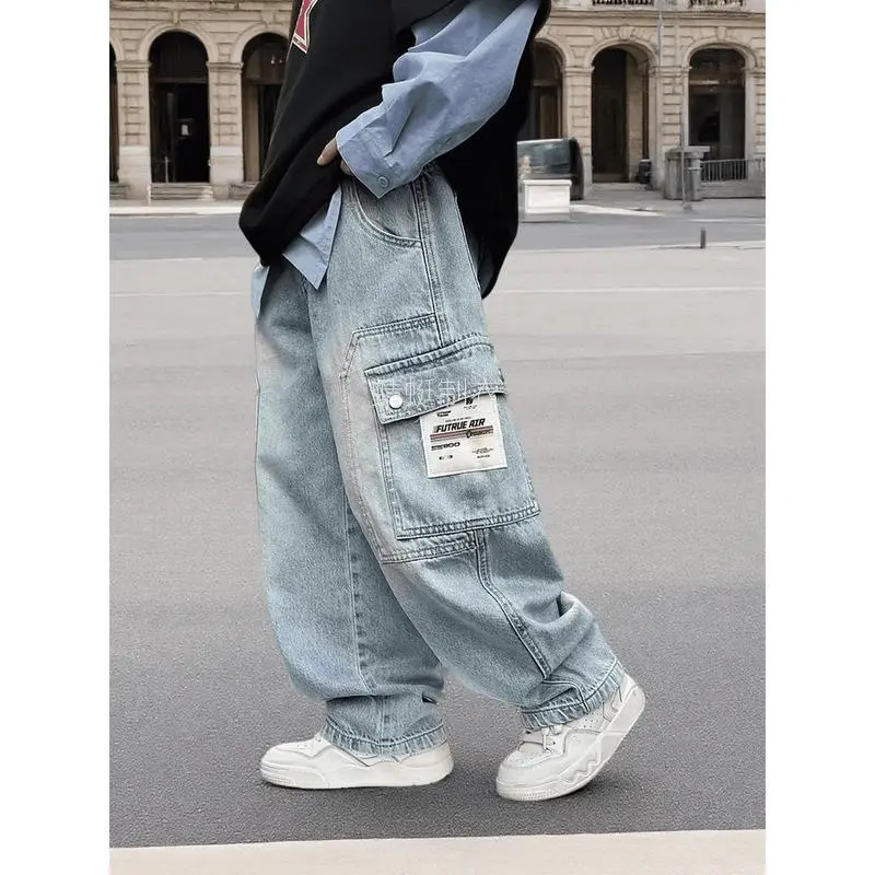 Boys' Streetwear Elastic Waist Jeans - Stretch Fabric, Alphabet Graphic Pattern, All-Seasons Comfort, Faux Denim Straight-Leg Pants - Sizes 5-6y,7-8y,11-12y,13y,14-15y (5-15y Range)