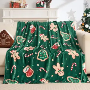 Green Christmas Throw Blanket Cute Gingerbread Holiday Blankets and Throws for Kids Women Men Soft Flannel Throw for Couch, Bed, Living Room, Office, Travel, Christmas Decor