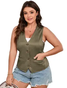 Clearance Sale! Plus Size Retro Faux Suede Vest, V-Neck Button Front Sleeveless Waistcoat with Pockets