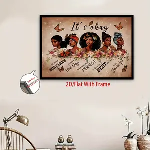 2D Flat, 1pc Women Empowerment Canvas Painting - Floral Portrait with Positive Affirmations ("It's Okay", "You Are Enough"), Brown Background - Framed Poster for Living Room, Office, Birthday, Graduation Gifts - Modern Self-Love Decor - Ready-to-Hang Wall