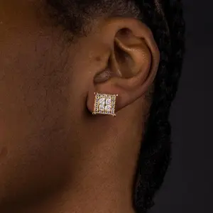 GAB Square Luxury Screw Stud Earrings 14K Golden-Plated 5A+ Cubic Zirconia Iced Out Square Screw Back Hypoallergenic Cube Large Stud Earrings For Men Women