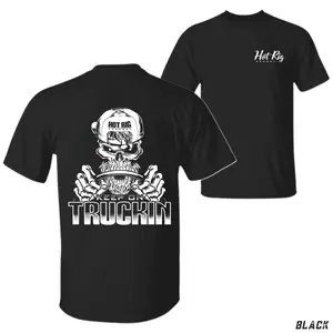 Hot Rig Keep On Truckin Skull Tee, Skeleton Steering Wheel Graphic Shirt for Truckers, Bold Monochrome Trucker Apparel for Diesel Drivers & Long Haul Warriors