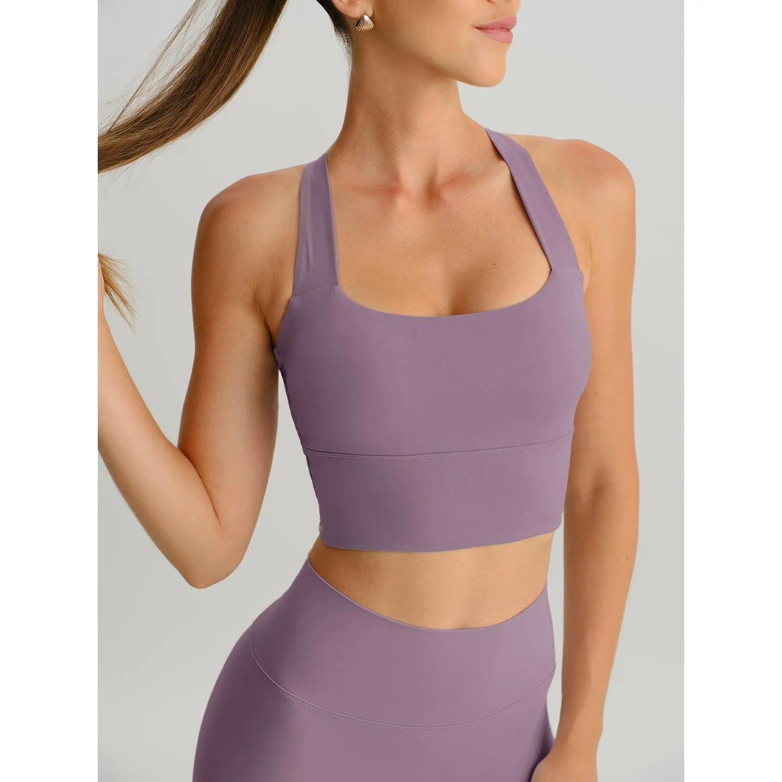 BERLOOK Purple Twisted Front X-Cross Backstrap Body-Fitting Fit Performance Activewear Sports Bra - GRS Certified Spandex Blend, Light Support for Yoga, Daily Wear, Body-Fitting Sports Bras, Fit Sports Bras