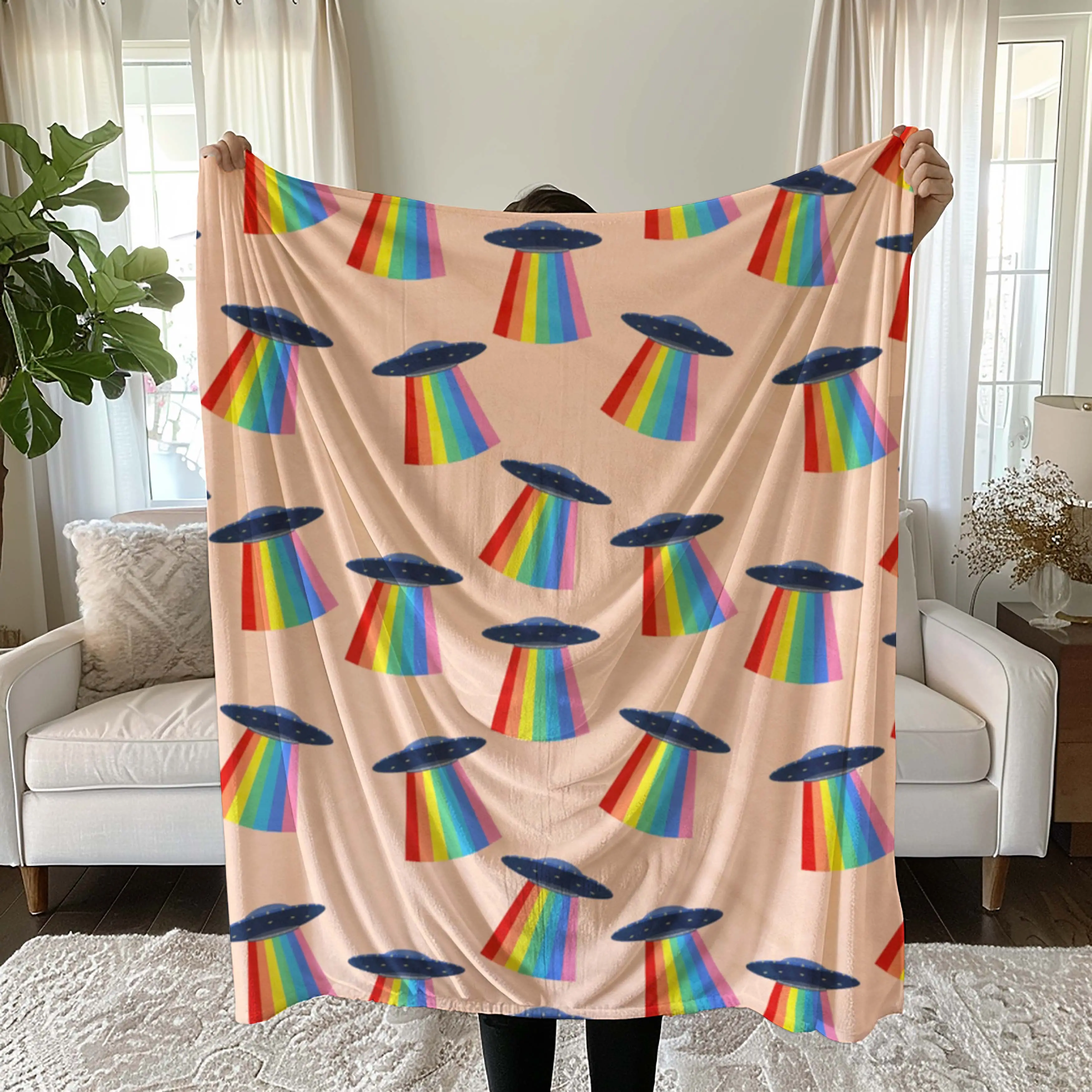 Gay Aliens Blanket Gag Gift Cute Velveteen Plush Blanket Cozy Blanket Gay Pride Decor Rainbow UFOS