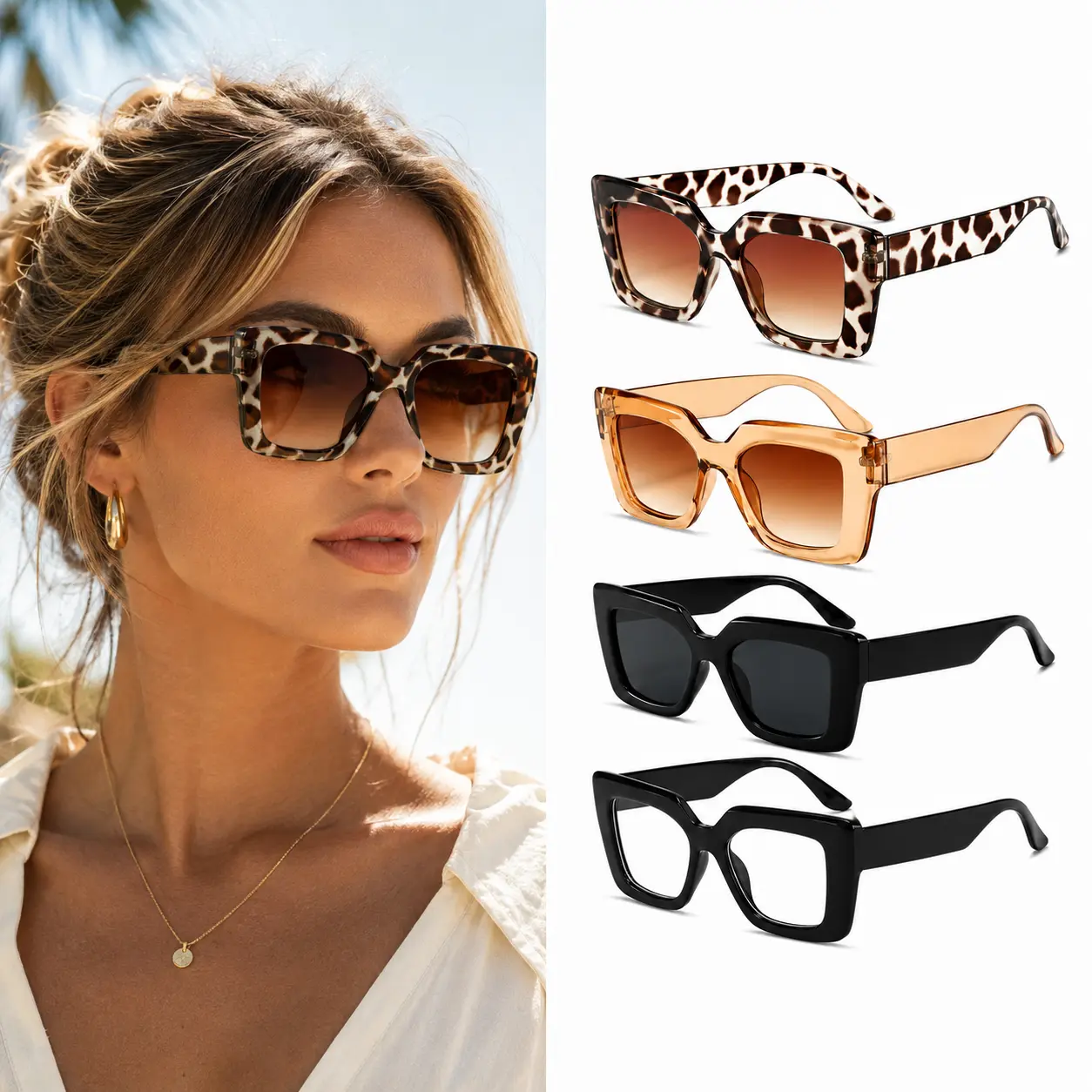 Rotunoe Women's 4-Piece Oversized Square Sunglasses - Semi-Rimless Chic Black 4-Lens Anti-UV Minimalist Fashion Eyewear for Street Style, Outdoor Use, Black Sunglasses, 4-Lens Women's Sunglasses