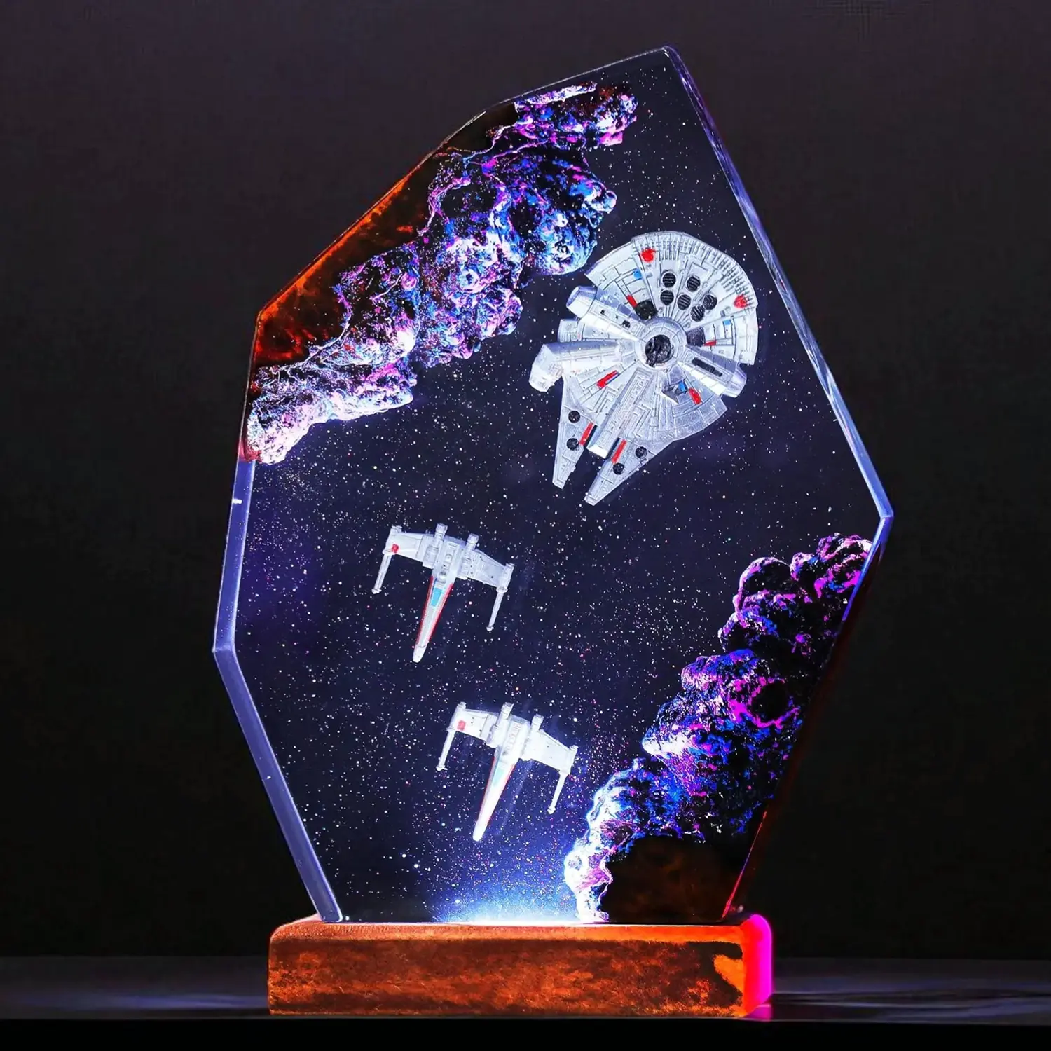 Handcrafted Artemis II Spacecraft Diorama Resin Ornament, Deep Space Galaxy Figurine, Interstellar Wood Base Desk Decor, Unique Astronaut Gift