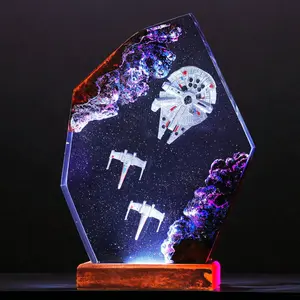 Handcrafted Artemis II Spacecraft Diorama Resin Ornament, Deep Space Galaxy Figurine, Interstellar Wood Base Desk Decor, Unique Astronaut Gift