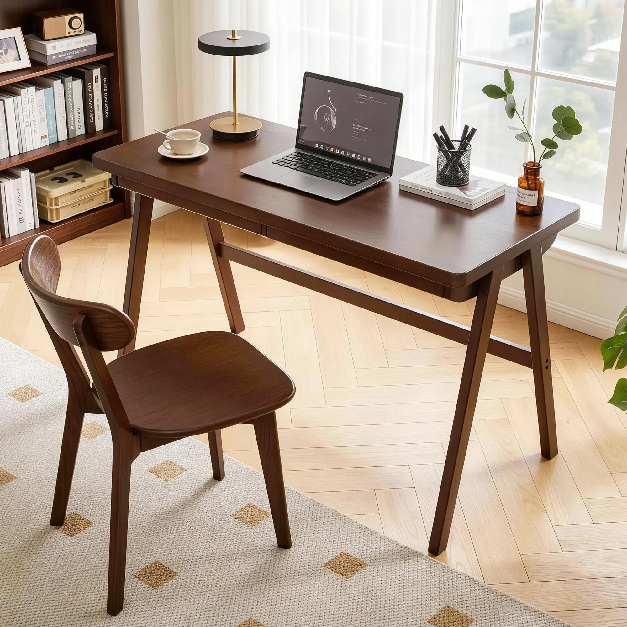 100% Solid Rubber Wood Computer Desk, Retro Walnut Writing Desk with Drawer, Sturdy A-Frame Leg, 47.24"×21.65", 1.38" Extra Thick Home Office Study TableW5368P512519