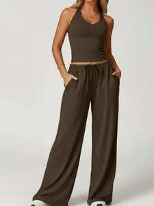 Women's Fleece Yoga Set, Breathable Backless Sporty Two-Piece, High Waisted Athletic, Comfort Design for Gym & Daily Wear, Airport Outfit