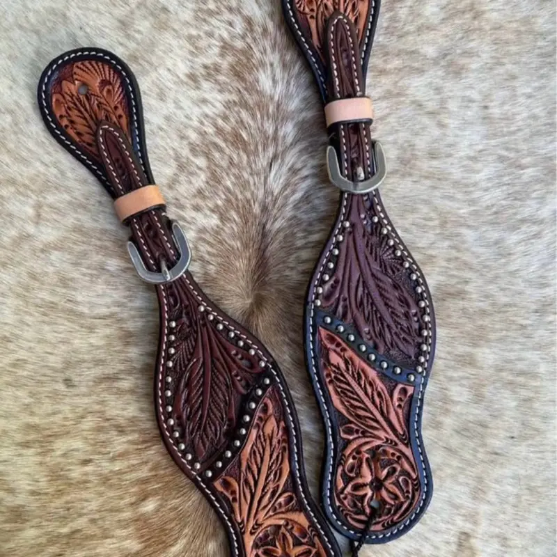 Pair Men’s Size Two Tone Leather Western  Tooled Spur Straps