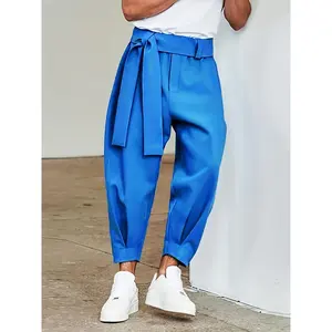 Men's Loose Fit Royal Blue Cropped Joggers with Decorative Belt - Casual Nine-Denim Style Pants for Spring/Fall, Lightweight Polyester Fabric, Comfortable and Stylish for Casual Attire, Leisure Activity Pants |   Relaxed Fit Pants |   Polyester Joggers, P