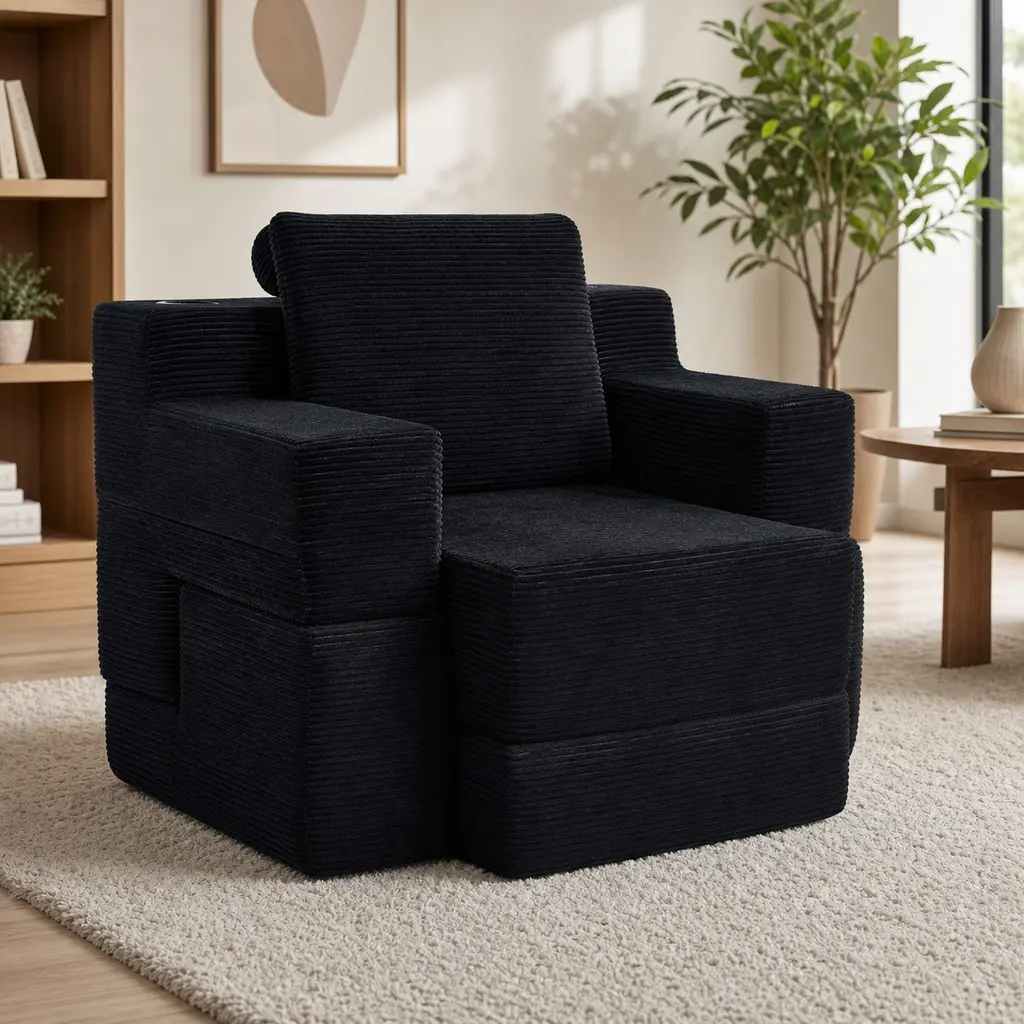 Multi-Functional Convertible Compression Sofa Desk, Single Seat Corduroy Upholstered 2-in-1 Computer Workstation and Office Desk for Small Spaces, Dorm Rooms, Home Office, Black, Black Color Options, Corduroy Material, 1 Seat Seat Count