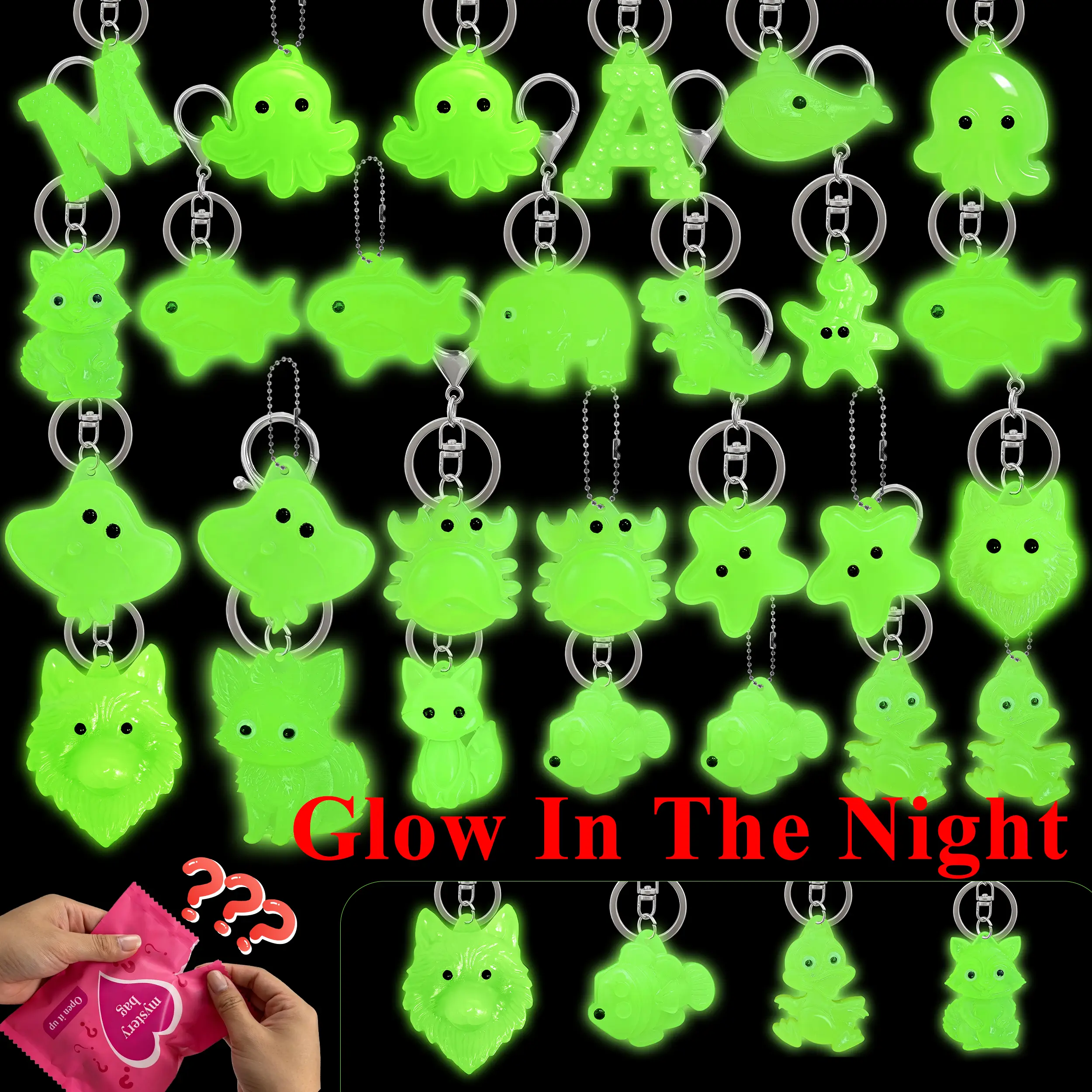 12-Piece Glow in the Dark Keychain Set, Cute Character Charm Mystery Blind Box, Collectibles for Kids Party Favors, Keychains Cute, Character Charm Keychains