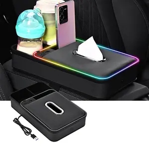 Car armrest storage box with LED light, phone holder, USB charging port storage tissue box, Car Storage Organizer, Multifunctional car organizer, car interior accessories, Car Essentials