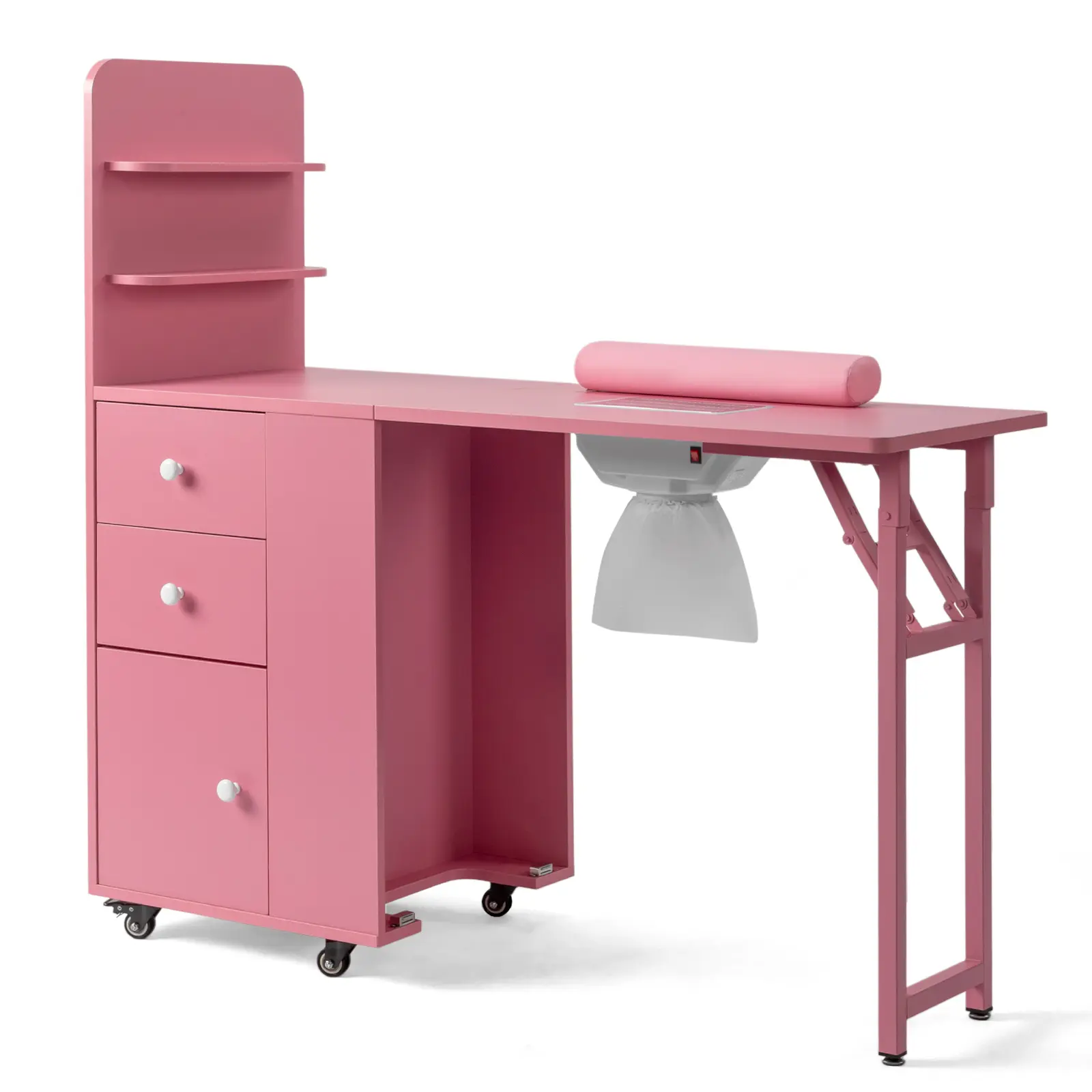 Foldable MDF Nail Table - Commercial Salon & Household Manicure Workstation with 2 Drawers, Storage Shelf, Single Cabinet Door, Nail Arm Rest, Dust Extractor, Two Drawers