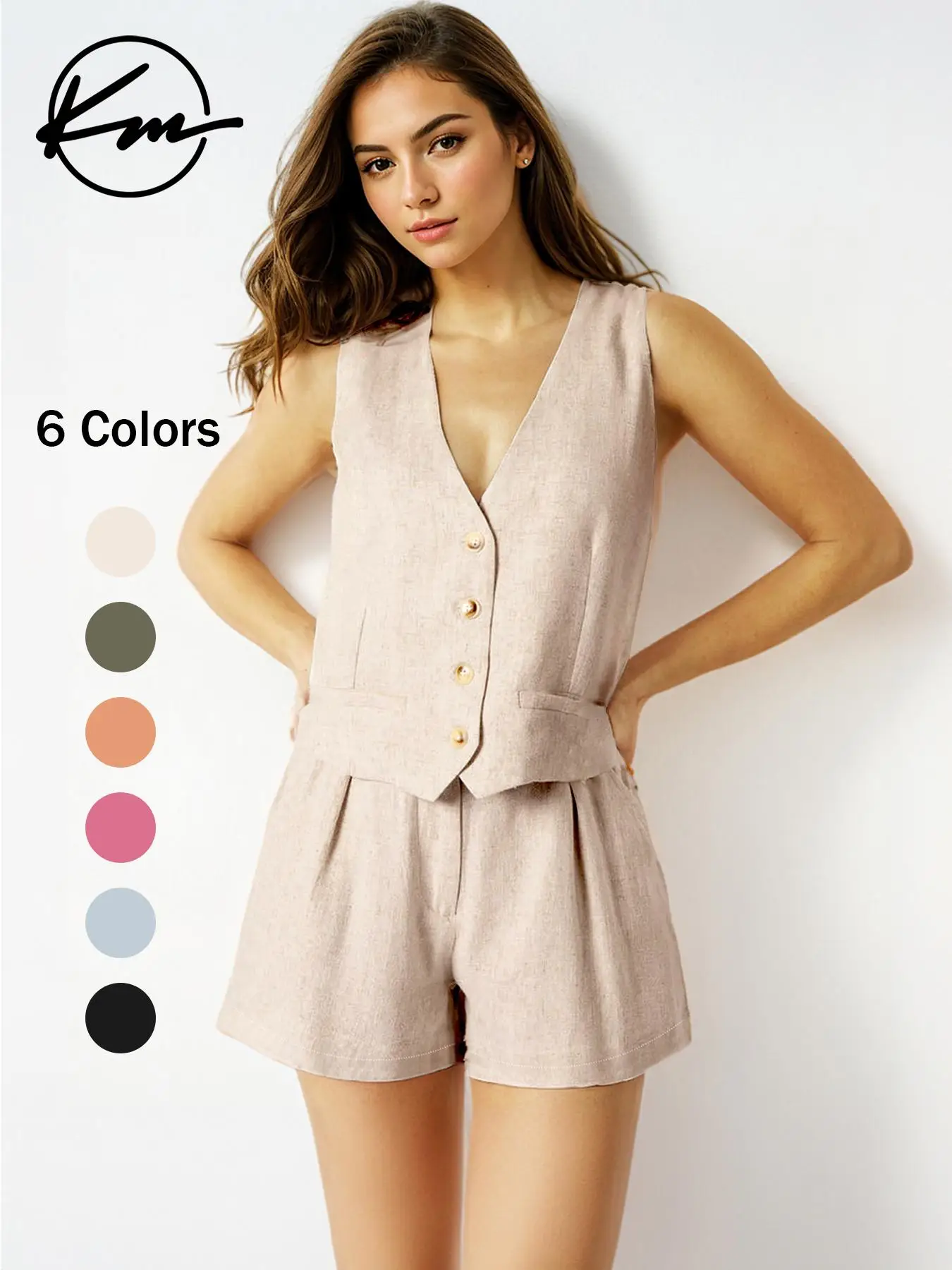 Two-Piece Set Women's Plain Two-Piece Outfit, Fashion V Neck Button Front Vest & Pocket Shorts Set, Two Piece Set Women, Casual Summer Clothes for Dai
