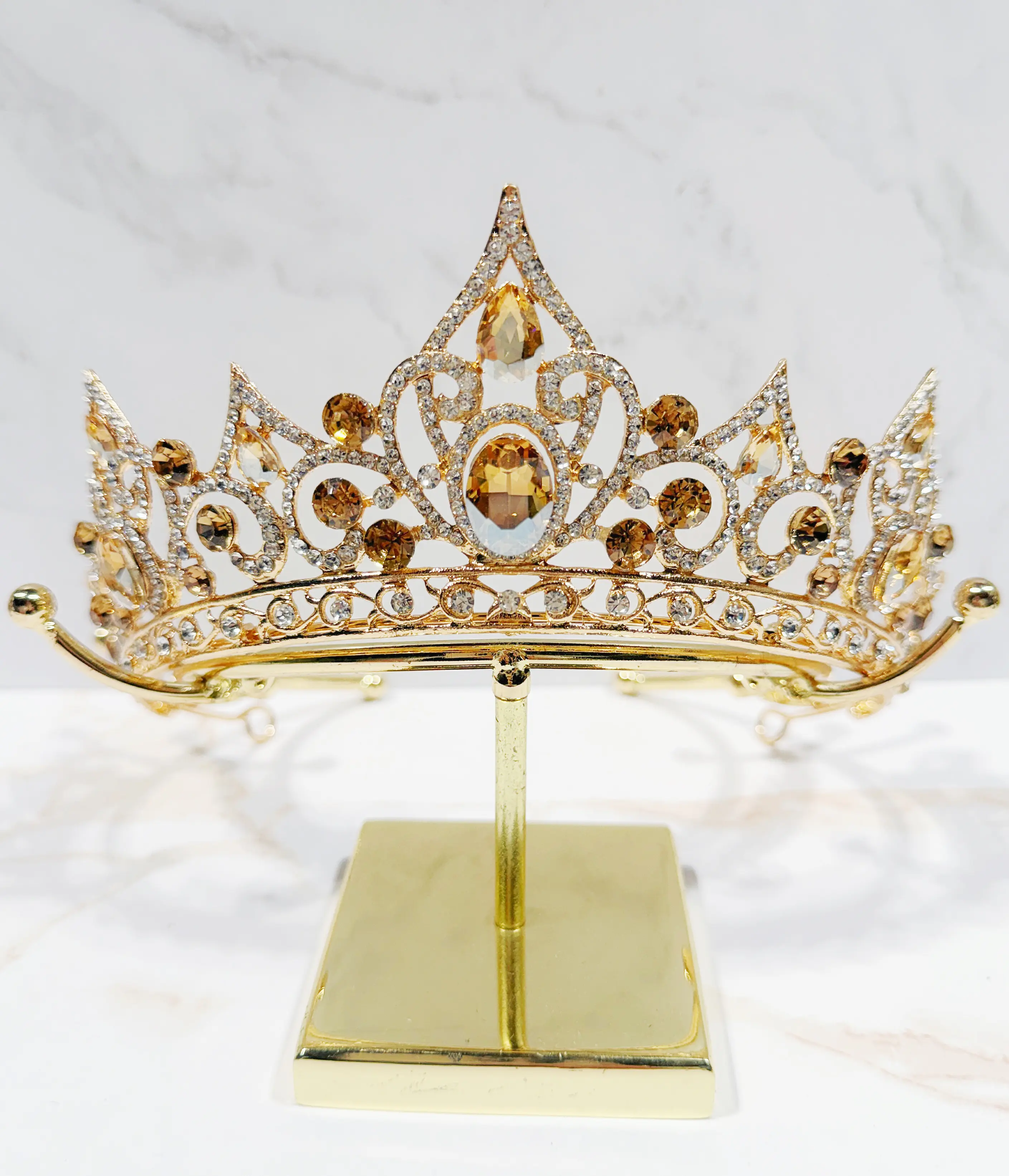 Gold Crystal Rhinestone Tiara Crown, Elegant Luxury Bridal Headpiece for Wedding, Prom Pageant Queen