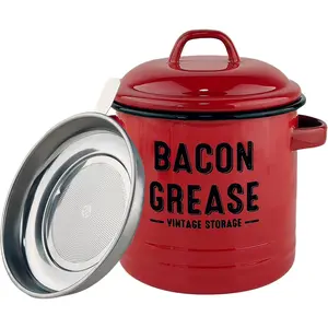 YOKODU 42oz Bacon  Container with Strainer,Enamel Ceramic Bacon  Can for  Drippings and Storage  Saver Keeper for Reuse & Disposal (Red)
