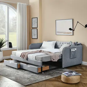 SAVEYOUR Twin Size Daybed with Trundle Bed Upholstered Linen Grey Extendable Sofa Bed with 2 Storage Drawers Flat Arms Side Pocket for Bedroom Living Room Mid Century Inspired Button Tufted Back Reinforced Frame 500lbs Capacity
