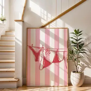 Pink Striped Bikini Art Print, Red Swimsuit Poster, Coastal Aesthetic Decor, Bathroom Wall Art,Gift for Her|Frameless Poster R
