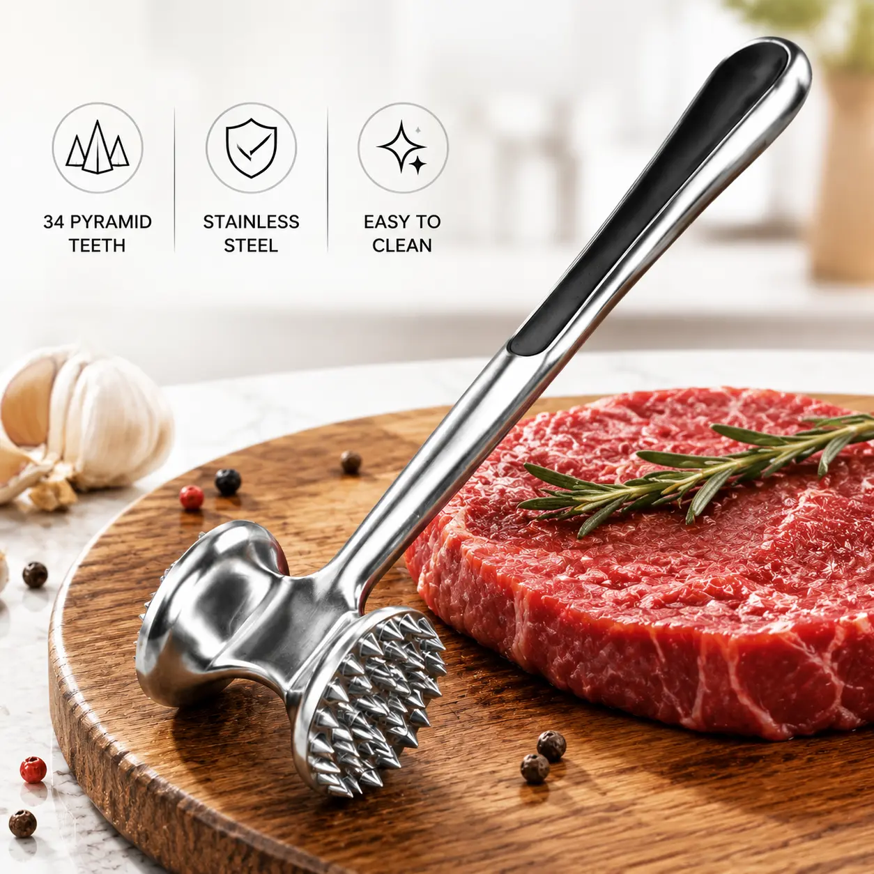 Stainless Steel Meat Tenderizer Hammer, Double Sided Steak Hammer with 34 Sharp Pyramid Teeth, Premium Kitchen Tool for Tenderizing Beef, Chicken & Pork, BBQ Cooking Gadget, Easy Clean Meat Mallet, Perfect Gift for Home Chef & Holiday Cooking
