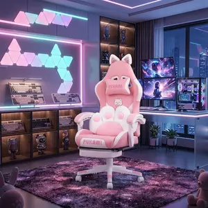 Kawaii Pink Gaming Chair with Removable Cat Ears, Cute Cat Paw Lumbar Cushion, Ergonomic Reclining PU Leather Computer Chair with Retractable Footrest, Height Adjustable Swivel Game Chair for Girls Home Game Room Decor