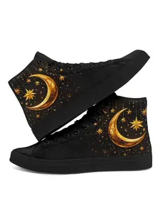 Men's High-Top Streetwear Casual Sneakers - Black & Gilded Dark Fairy Tale Moon-Star Design Comfortable Lightweight Walking Shoes for All Seasons