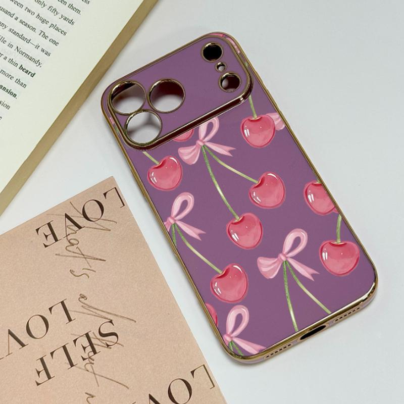 Juicy Pink Cherry Illustrations Phone Case Adding A Touch Of Fresh Romantic Charm To Your Daily Device Premium 6D Solid Color Electroplated With A Smooth Glossy Metal-Like Finish l For Iphone 17 16 15 14 13 12 11