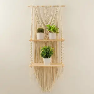 Macrame Wall Hanging Shelf - Boho Hanging Shelves for Wall - Decorative Bohemian Floating Plants Room Storage Shelving Macrame Rope Decor Organizer Rack, 2 Tier Handmade Plant Shelves