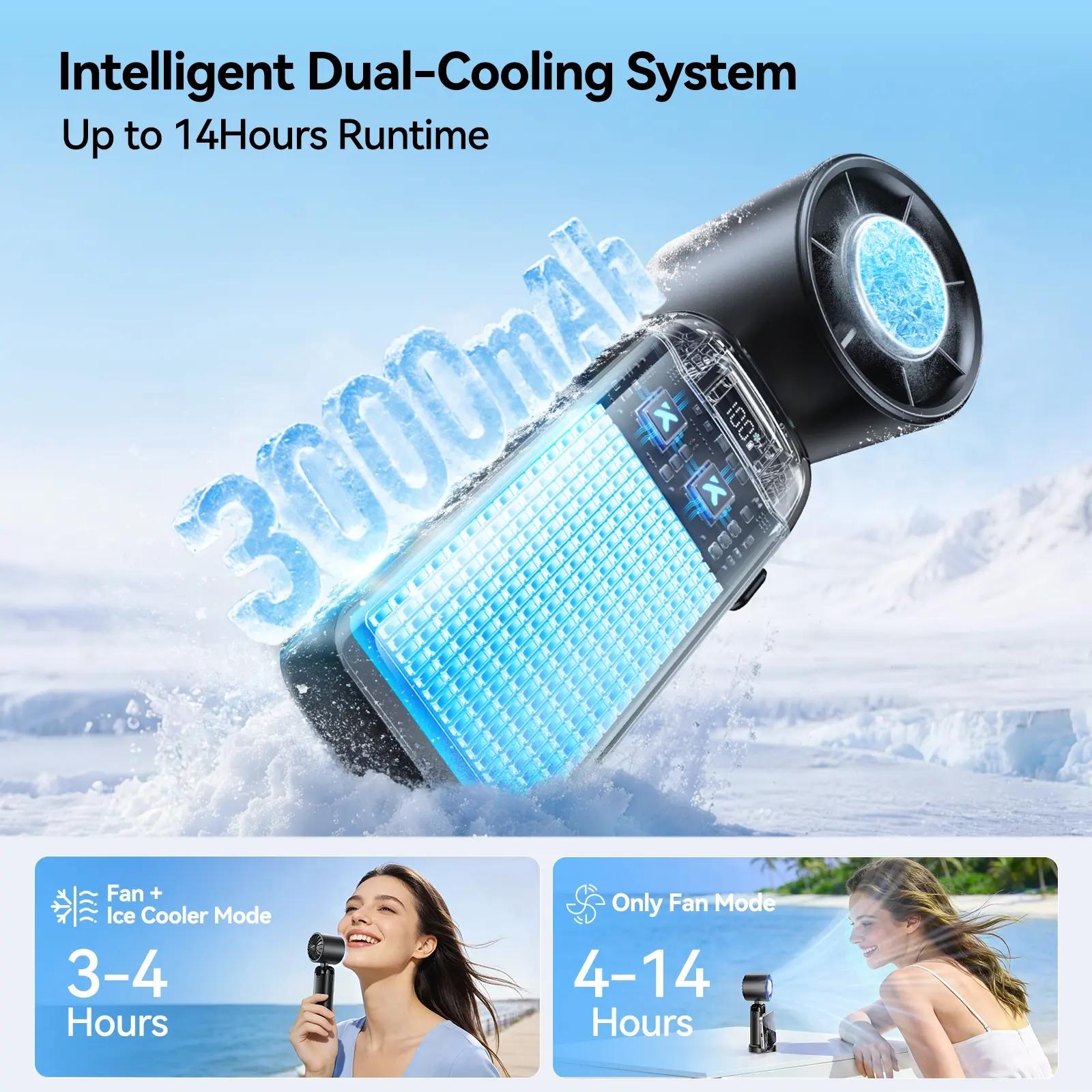 2026 Upgraded Portable Turbo Fan with Ice Cooler & Phone Stand, 3000mAh USB Rechargeable 1-199 Speed Foldable Cooling Fan for Travel Office Home