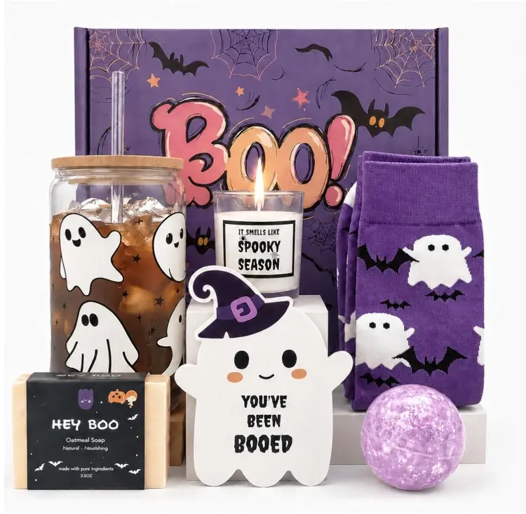 Boo Basket Stuffers for Women, Halloween Gifts for Women | Cute Halloween Boo Basket for Teens Girls Her Sister Friend Adults With Spooky Glass Cups