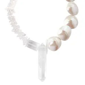 Jadis large quartz stone pendant, white pearly oyster shell statement necklace