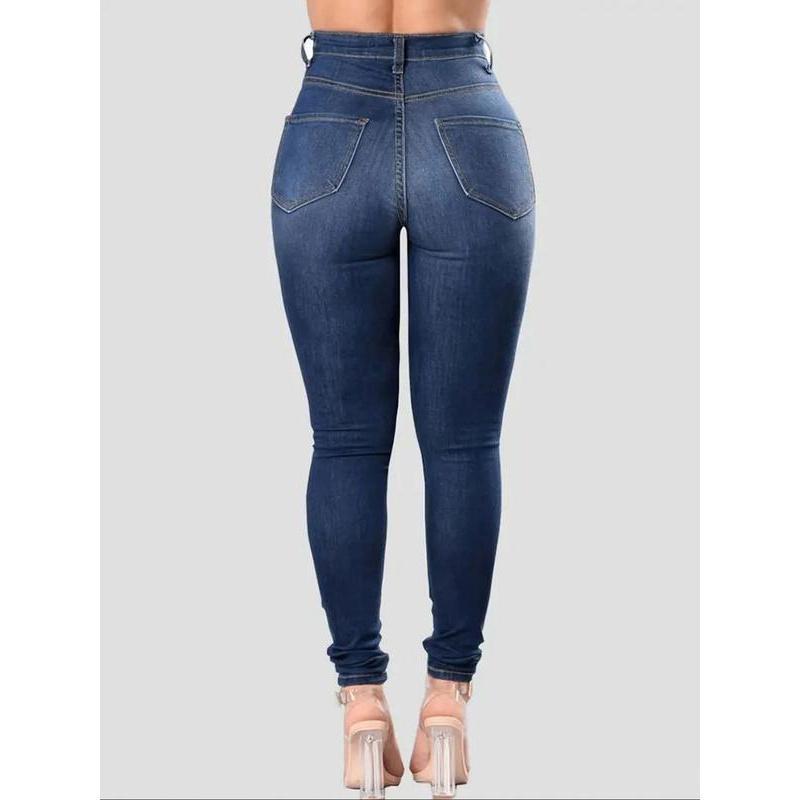 Women's Plus Size High Rise Stretchy Skinny Ankle Jeans, Butt Lifting Ripped Distressed Washed Denim, American Retro High Street Basic Style Pocket Button Pants for Daily & All-Season Wear