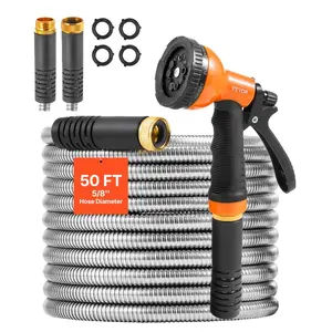 fathersdaygift VEVOR Metal Garden Hose 50 ft, Rust Proof Stainless Steel Water Hose, Heavy Duty Backyard Hose with 10 Function Nozzle, No-Kink Flexible Water Pipe, Lightweight Metal Hose for Yard, Outdoor