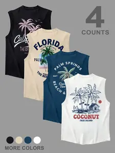 Men's Loose Round Neck 4-Pack Tank Tops, Vintage Palm Tree Print, Y2K Tropical Summer Street Style, Breathable Fabric, Beach & Travel Wear