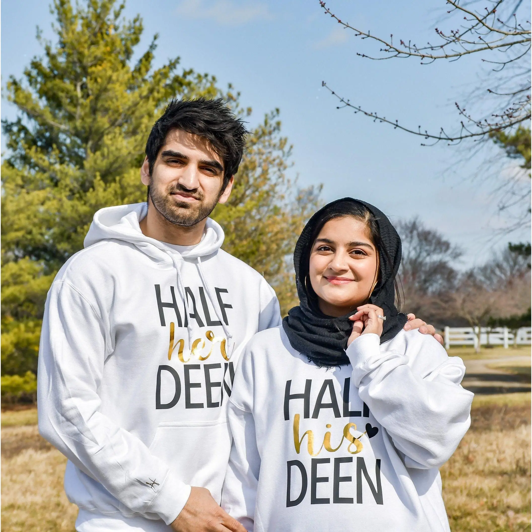 Couples' Matching 2-PC Set "Half His Deen" & "Half Her Deen" Hoodies by Humraha | Desi Arab Muslim Fashion Apparel Gifts for Ramadan Eid Nikkah Wedding Couples Families New Moms Aunts Uncles Grandparents | Pakistan India Bangladesh Palestine Lebanon Egypt