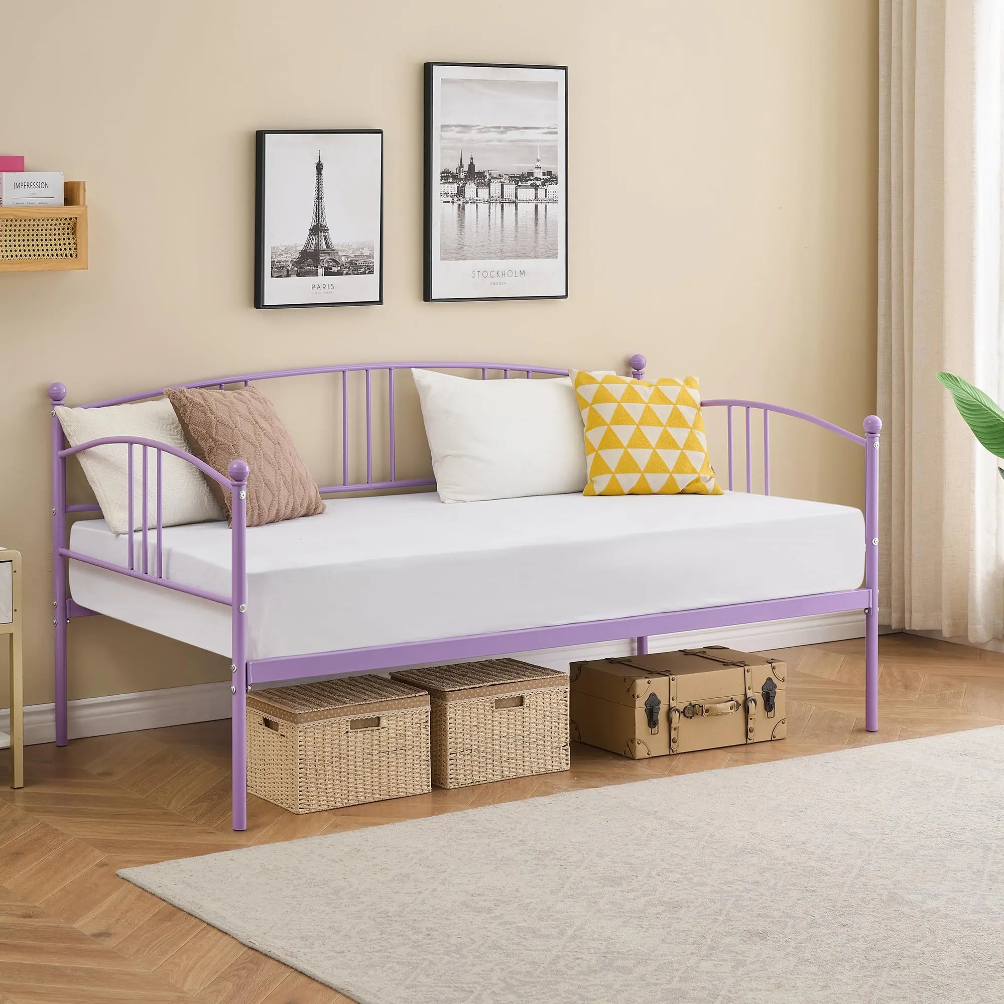 Garvee Twin Daybed with Trundle, White Metal Frame with Arched Headboard and Steel Slat Support, Space-Saving Sofa Bed for Living Room, Guest Room, Dorm